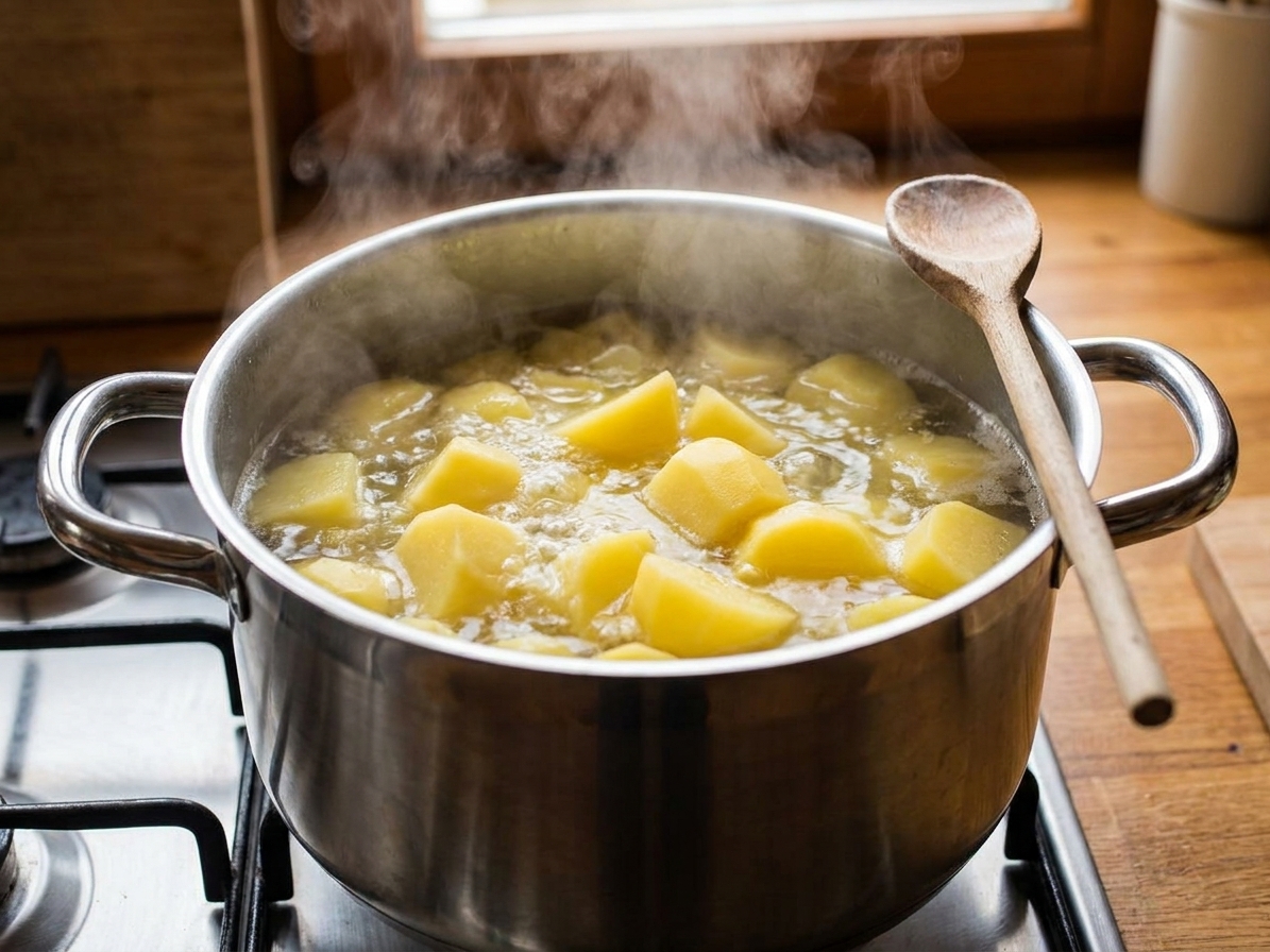 Peeled potato chunks simmering in a large pot of salted water on a stovetop, steam rising in a home kitchen
