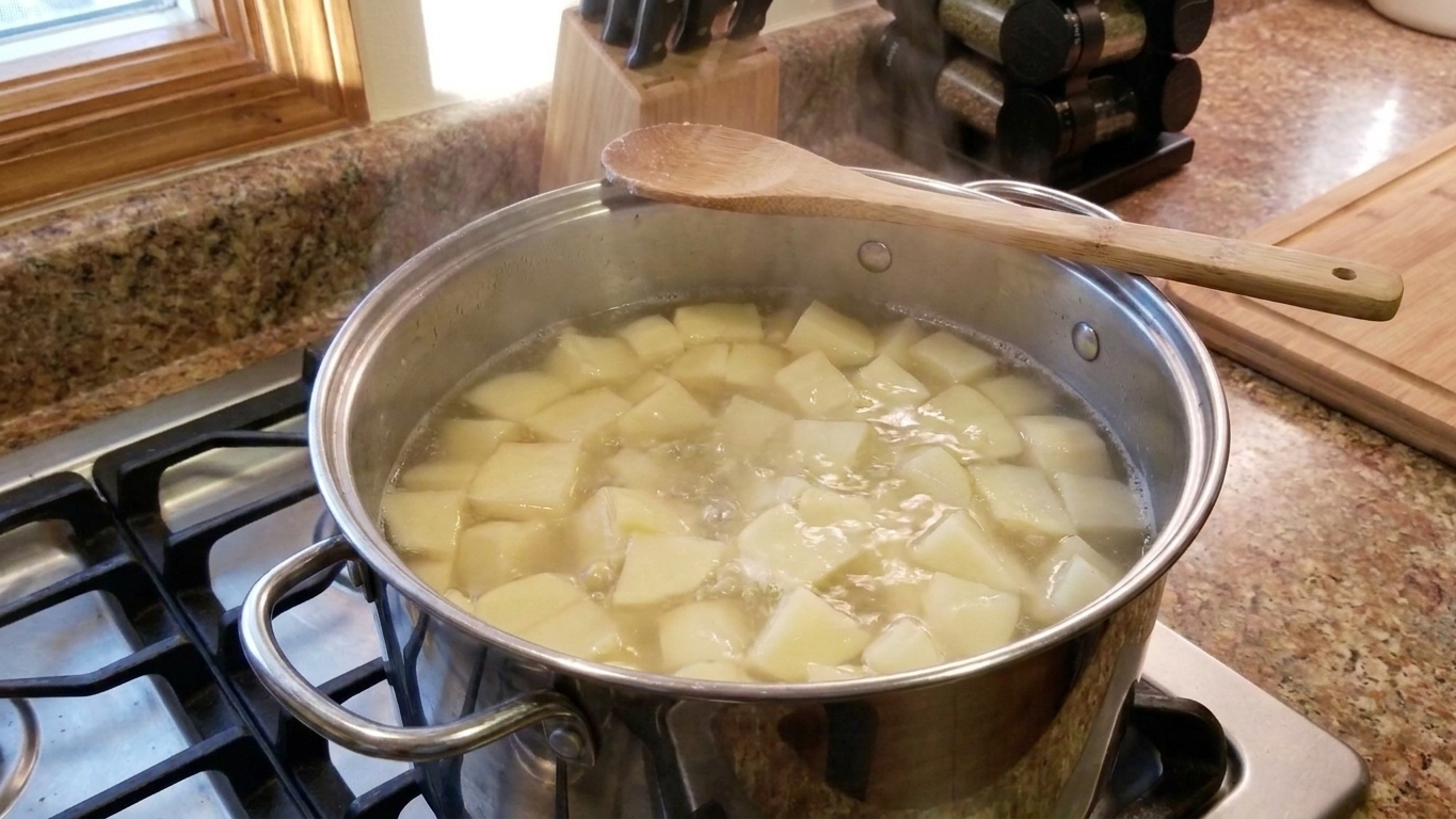 Peeled potato chunks simmering in a large stainless steel pot of salted water on a stovetop