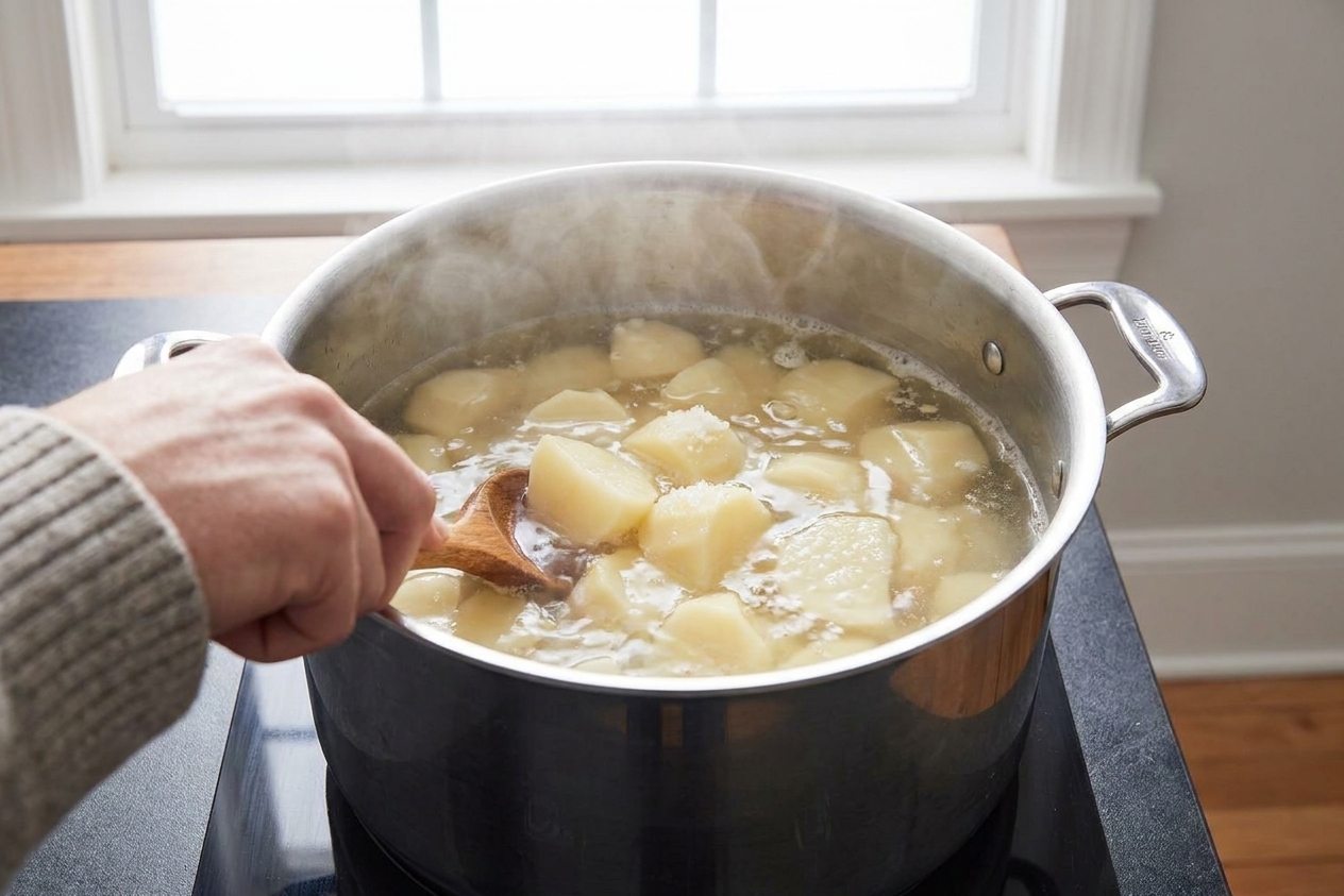 Peeled potato chunks simmering in a large stainless steel pot of salted water on a stovetop