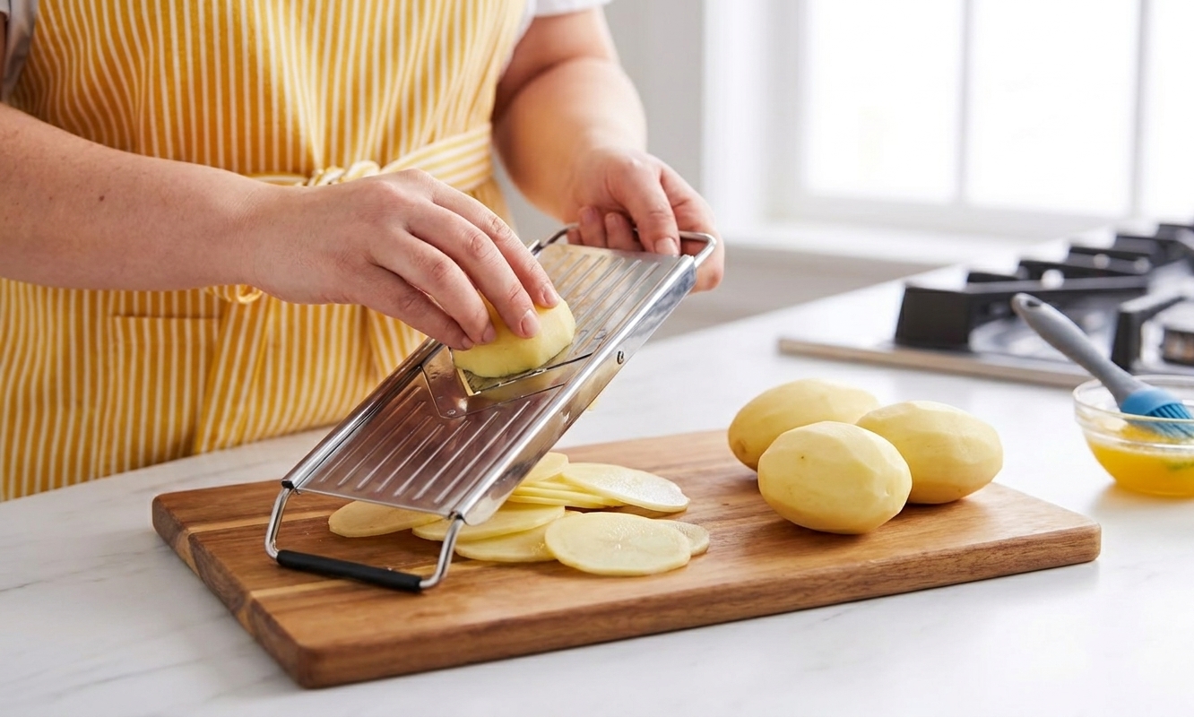 Peeled potatoes being sliced into very thin rounds on a mandoline over a cutting board