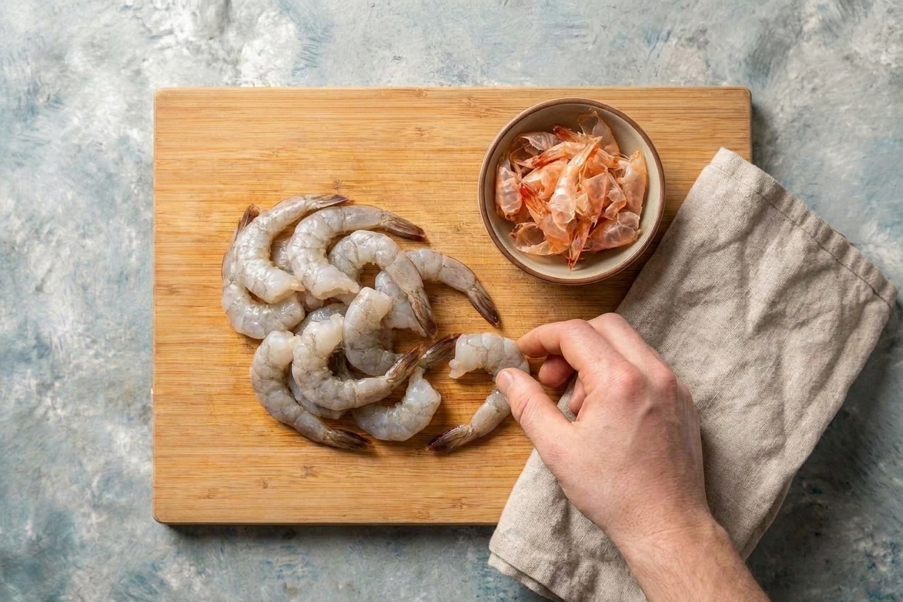 Peeled raw shrimp arranged on a cutting board with a kitchen towel and a small bowl of reserved shells nearby