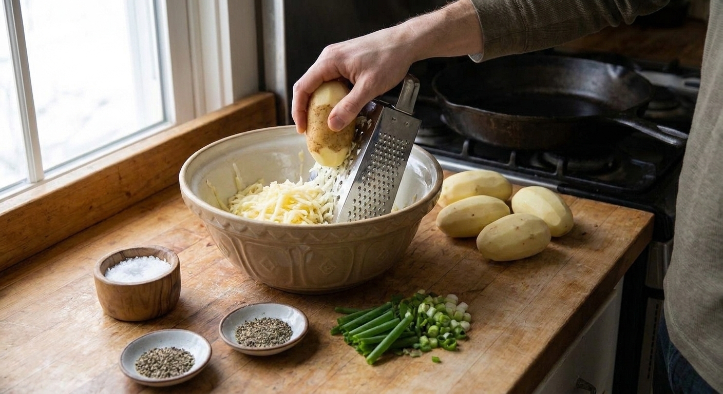 Peeled russet potatoes being grated on a box grater over a mixing bowl on a kitchen counter