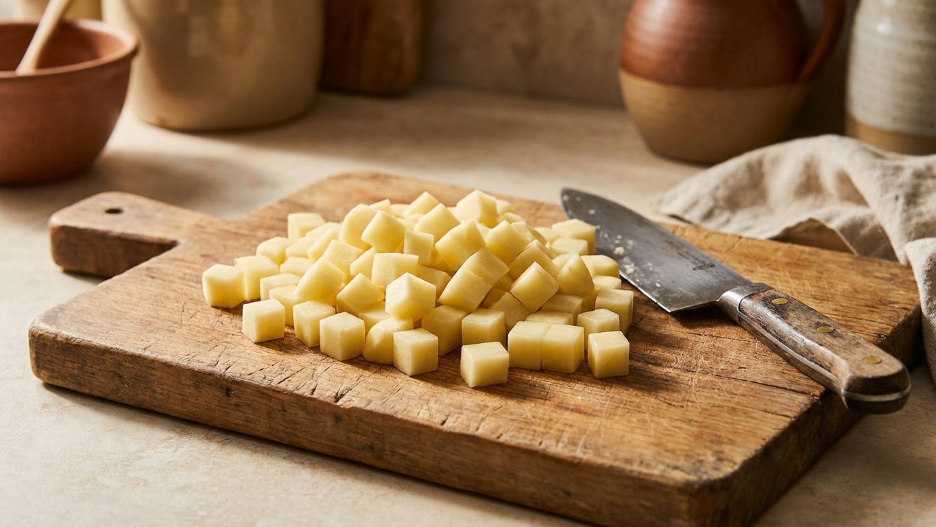 Peeled russet potatoes cut into small cubes on a cutting board next to a chef’s knife