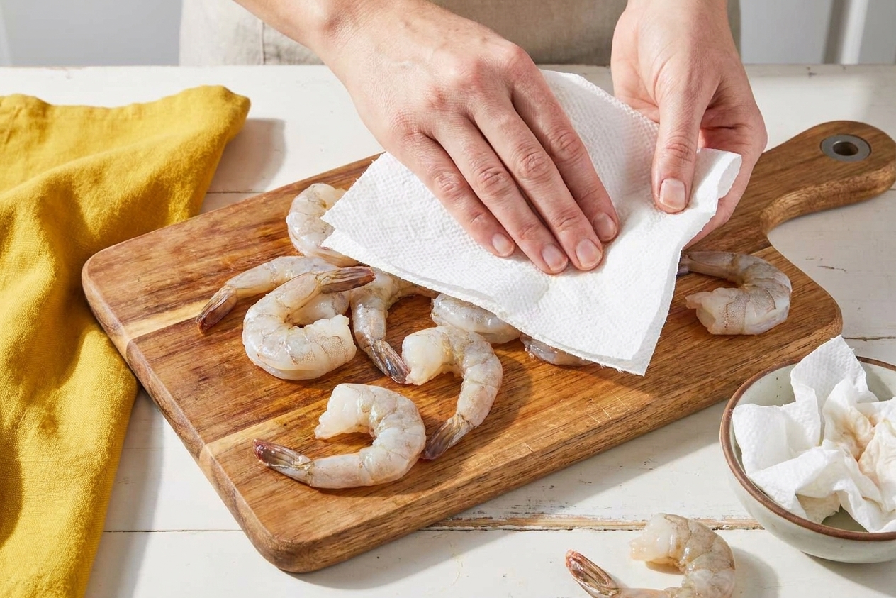 Peeled shrimp being patted dry with paper towels on a cutting board in a home kitchen