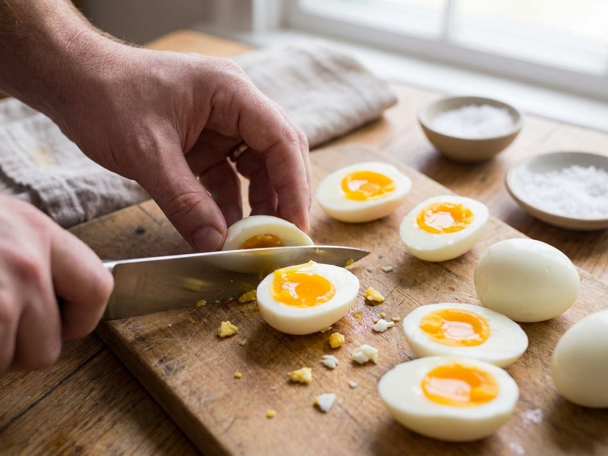 Peeled soft-boiled eggs being sliced in half on a cutting board showing slightly jammy yolks