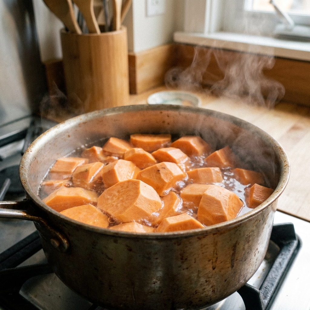 Peeled sweet potato chunks simmering in a pot