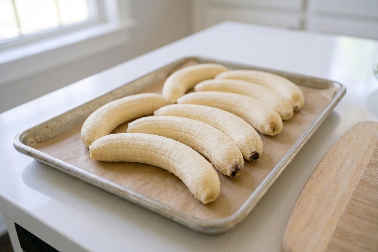 Peeled whole bananas arranged on a parchment-lined baking sheet on a kitchen counter