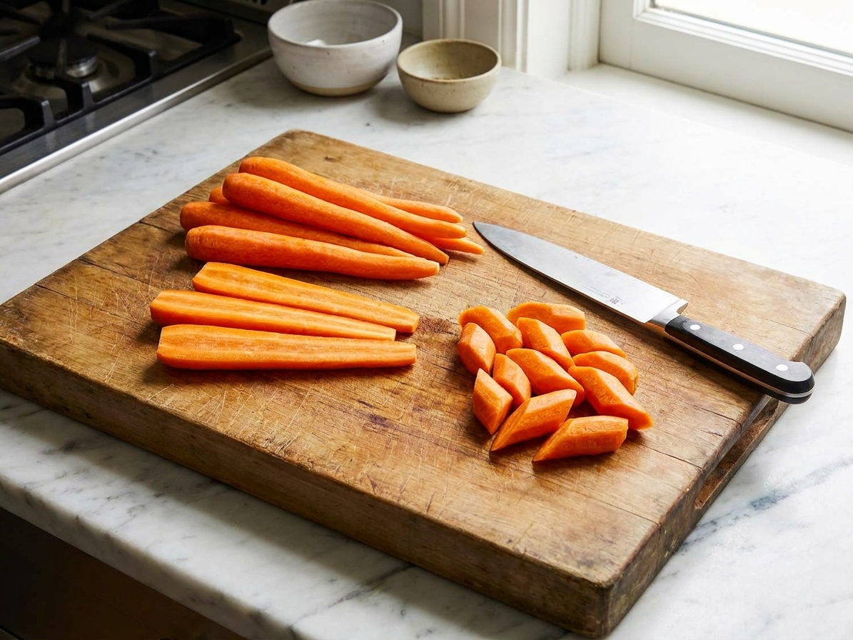 Peeled whole carrots on a wooden cutting board with a chef’s knife, cut into long halves and thick diagonals, in a bright home kitchen