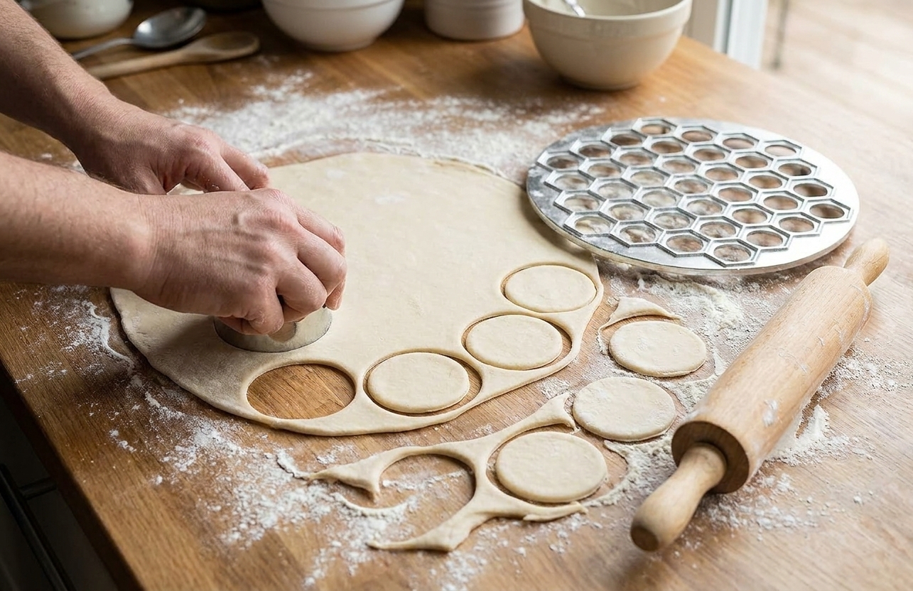 Pelmeni dough rolled thin on a floured countertop with neat round dough circles cut out