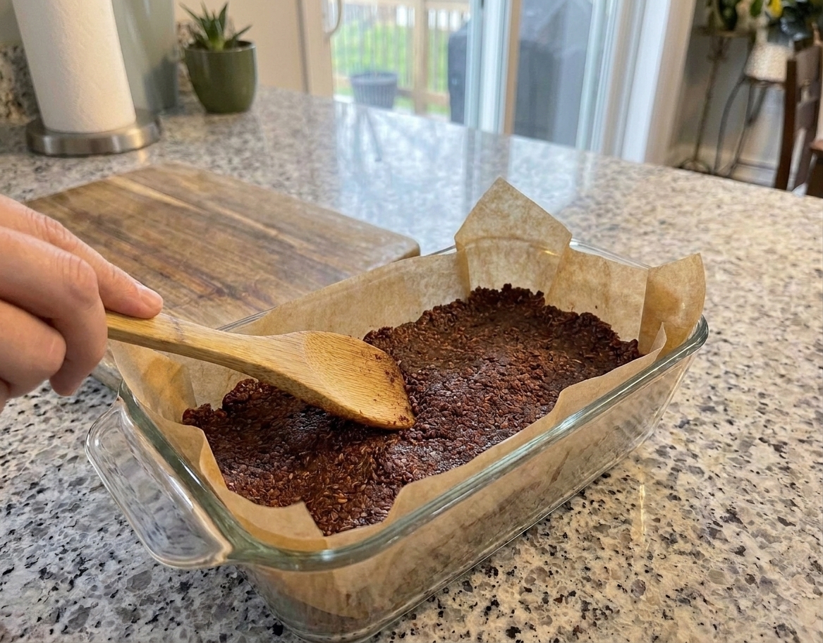 Pemmican mixture pressed firmly into a parchment-lined loaf pan on a kitchen counter