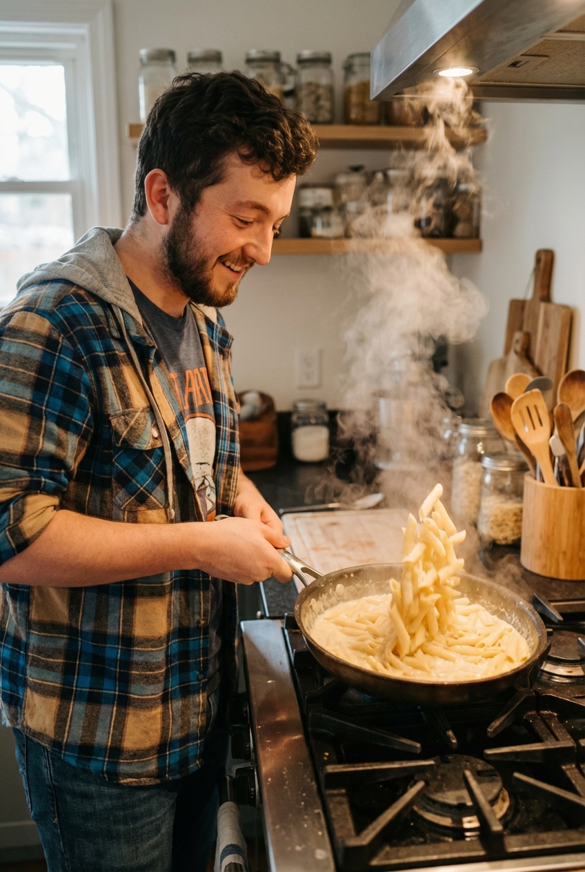 Penne being tossed in a skillet with a light creamy sauce, steam rising