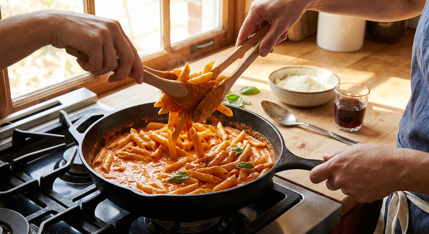 Penne pasta being tossed in a wide skillet with creamy tomato sauce until glossy and coated