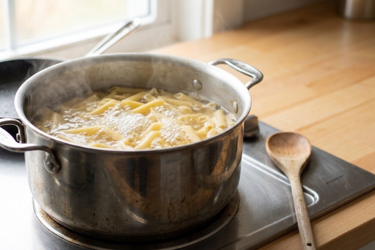 Penne pasta boiling in a large stainless steel pot on a stovetop with lightly steaming water