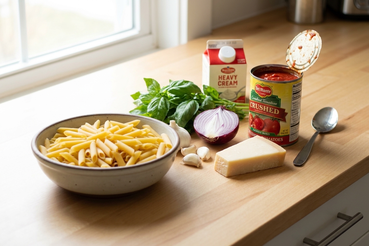 Penne pasta, canned crushed tomatoes, garlic, onion, Parmesan, basil, and cream arranged on a clean kitchen counter in soft natural light