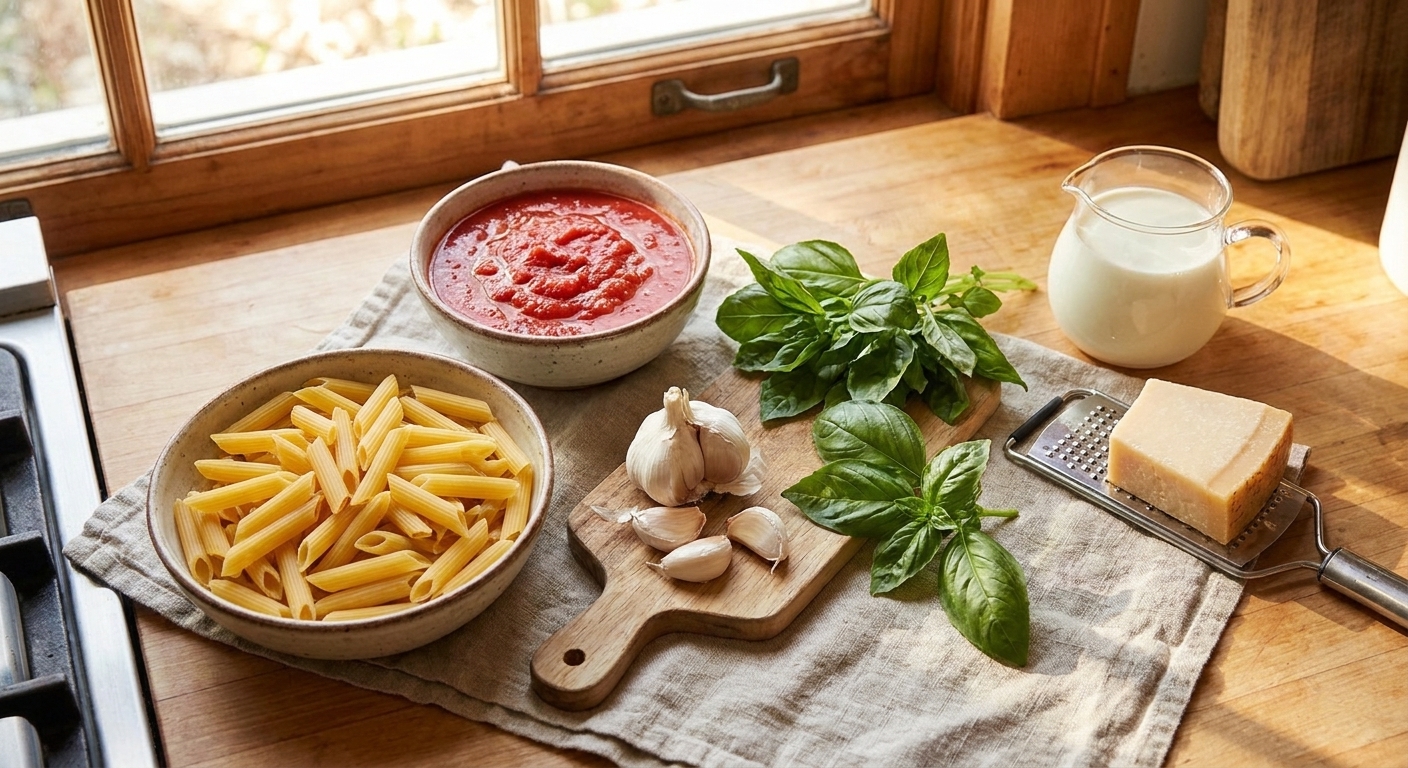 Penne pasta, crushed tomatoes, garlic, basil, Parmesan, and cream arranged on a clean kitchen counter in warm natural light