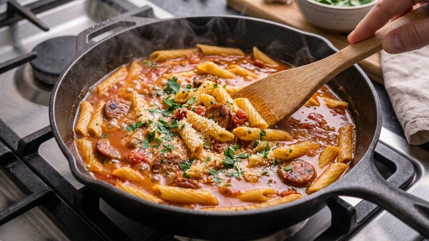 Penne pasta simmering in a tomato broth sauce in a deep skillet on a stovetop
