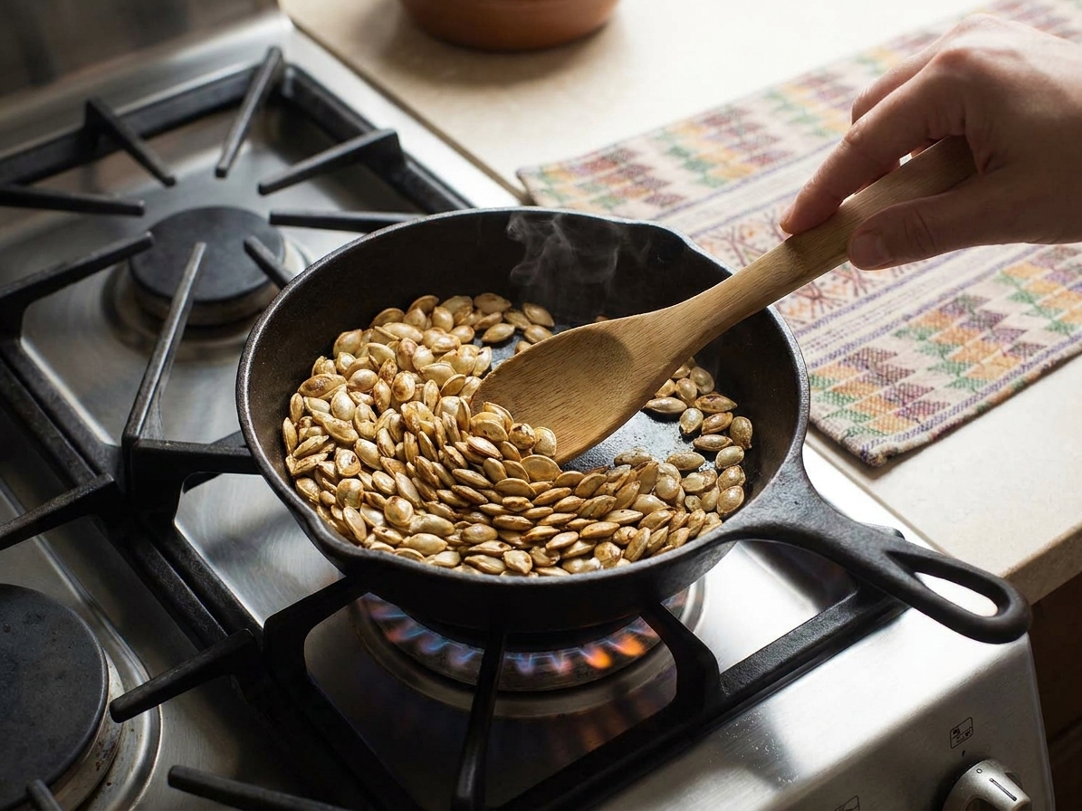 Pepitas toasting in a small skillet on the stove, with a wooden spoon stirring