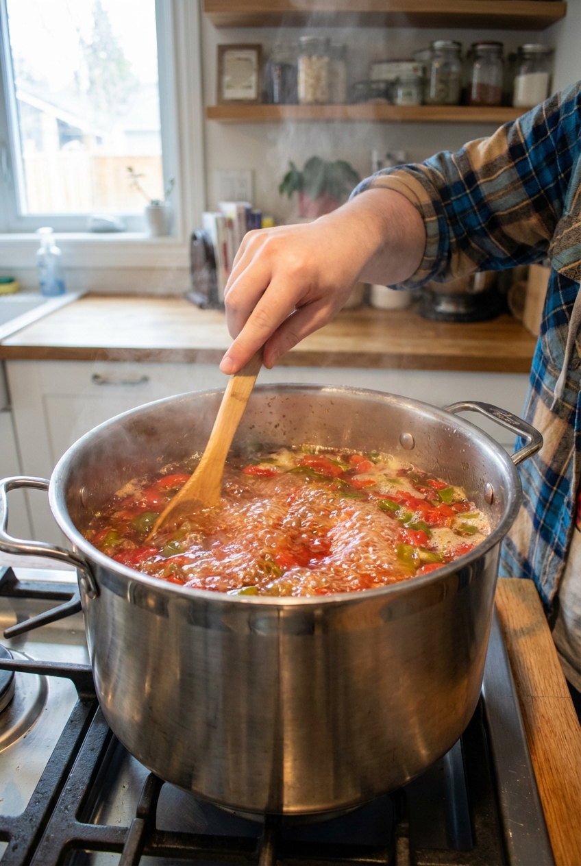 Pepper jelly mixture at a rolling boil in a stainless steel pot with a wooden spoon stirring