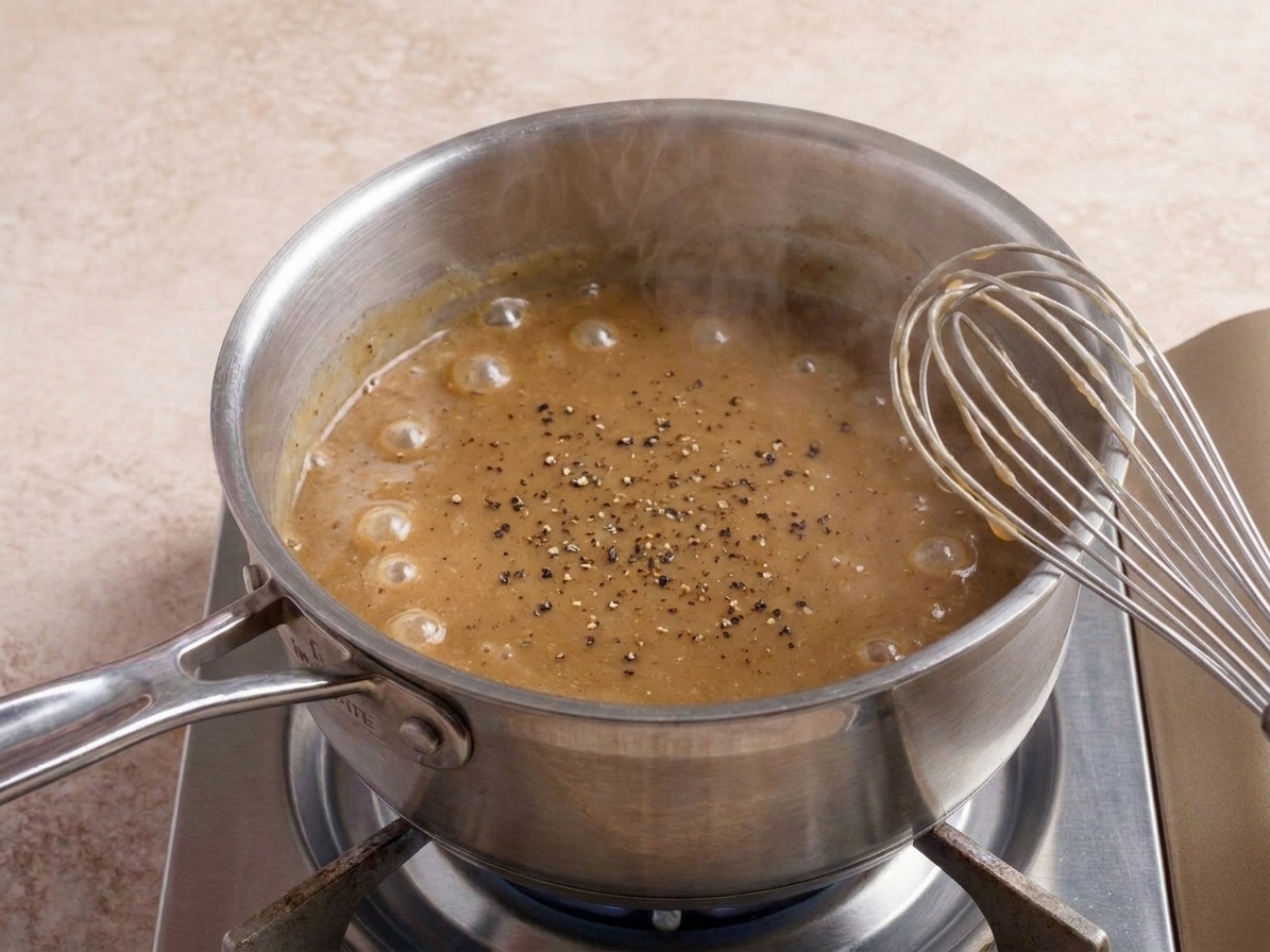 Pepper-speckled brown gravy gently simmering in a saucepan with small bubbles around the edge