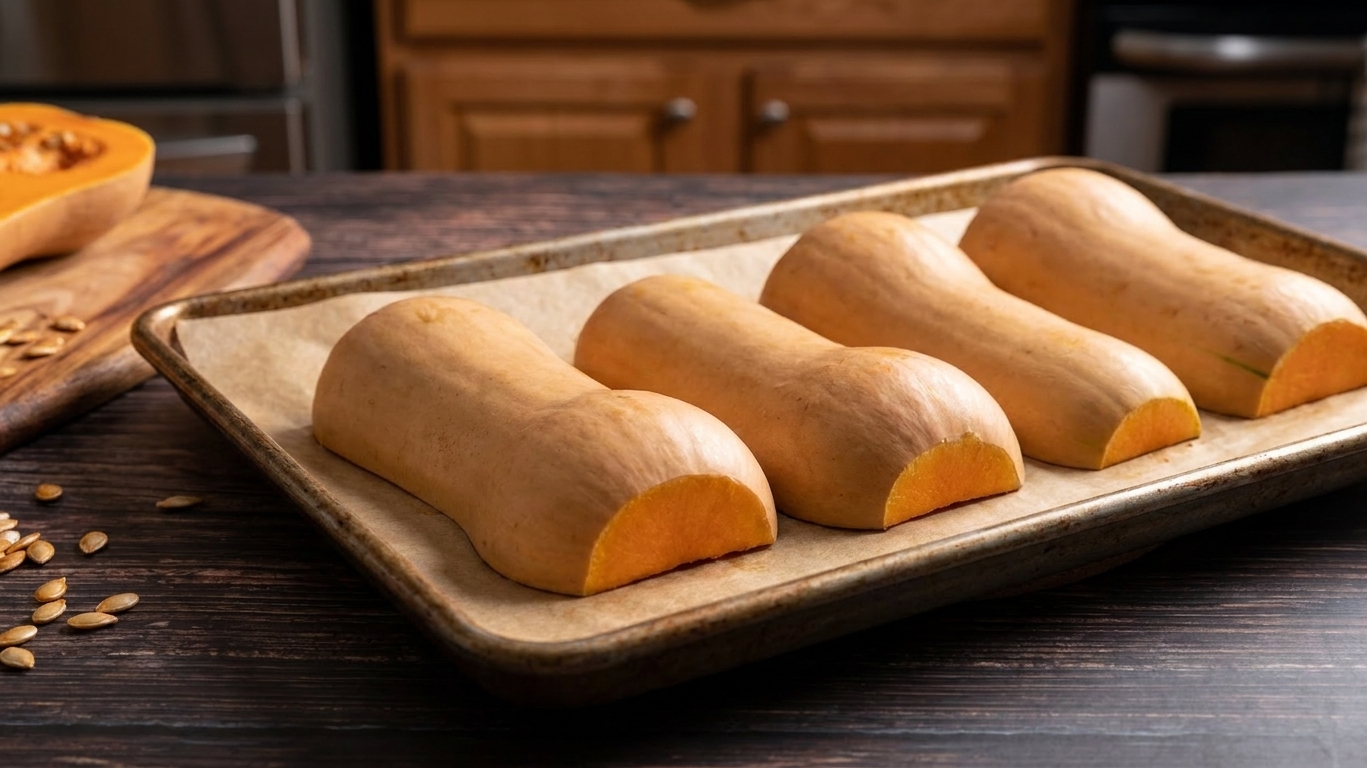 Pepper squash halves arranged cut-side down on a parchment-lined baking sheet, ready to roast in a home kitchen