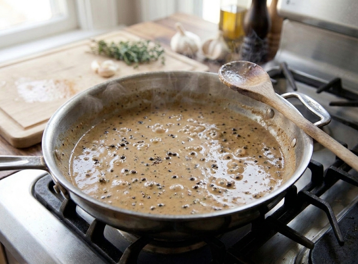 Peppercorn cream sauce gently simmering in a stainless steel skillet with a wooden spoon resting on the rim