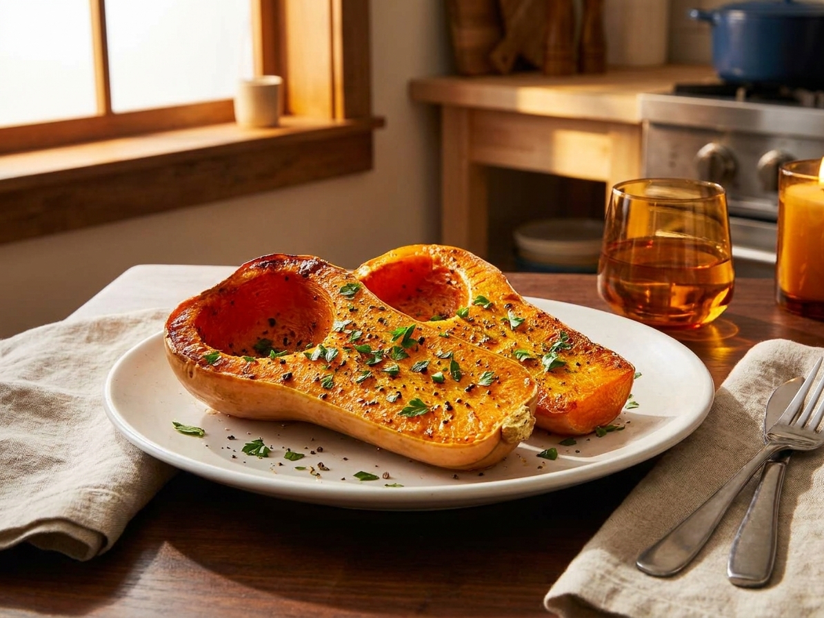 Peppercorn roasted squash served on a white plate with parsley scattered on top, set on a cozy dinner table with simple flatware and warm lighting