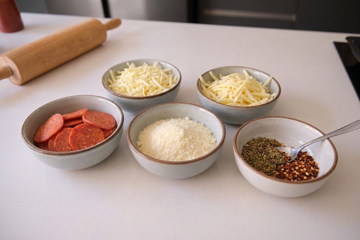 Pepperoni slices, shredded mozzarella, shredded provolone, Parmesan, and seasonings arranged in small bowls on a kitchen counter