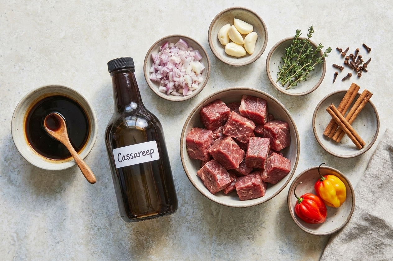 Pepperpot ingredients on a kitchen counter including beef chunks, cassareep, onions, garlic, thyme, cinnamon sticks, cloves, and hot peppers in small bowls