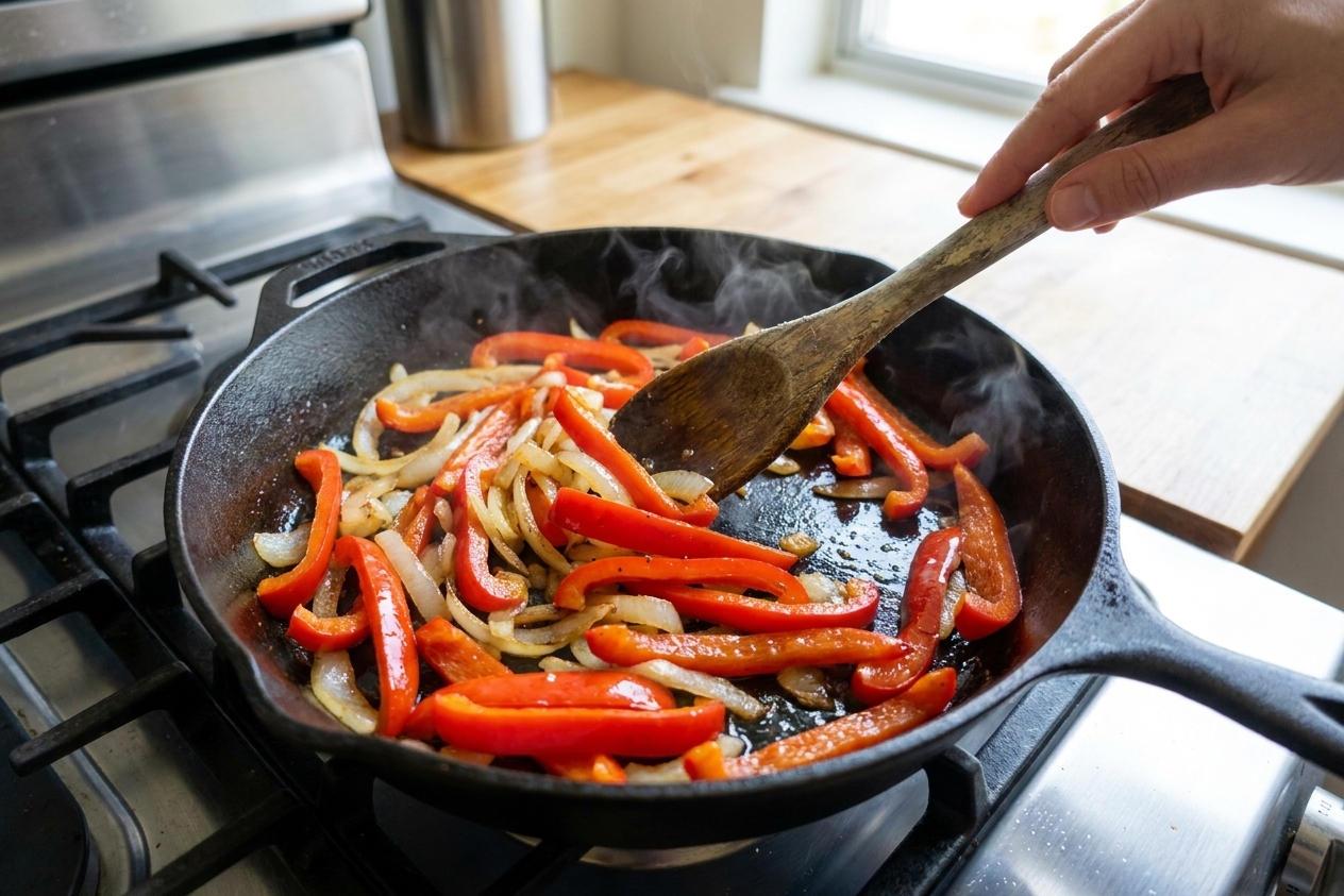 Peppers and onions sizzling in a skillet on a home stove while a wooden spoon stirs