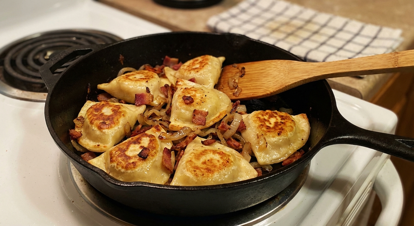 Perogies browning in a skillet with onions and bacon, edges turning crisp and golden
