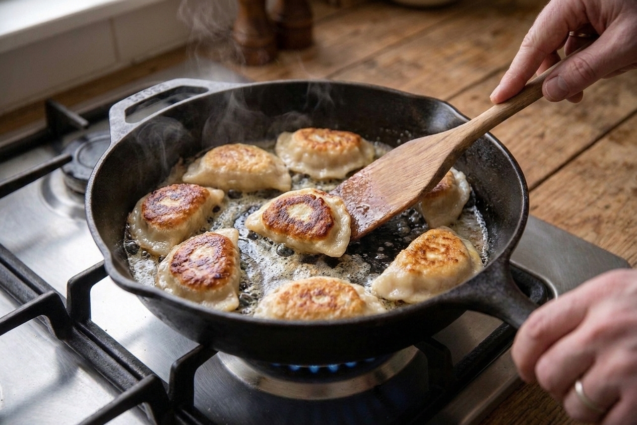 Perogies browning in butter in a skillet with crisp golden edges forming on the bottom