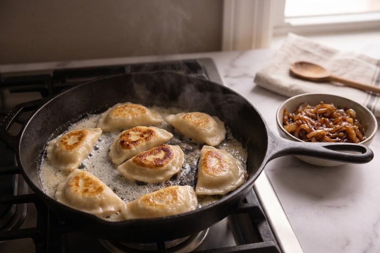 Perogies browning in melted butter in a skillet with caramelized onions on the side, warm kitchen lighting