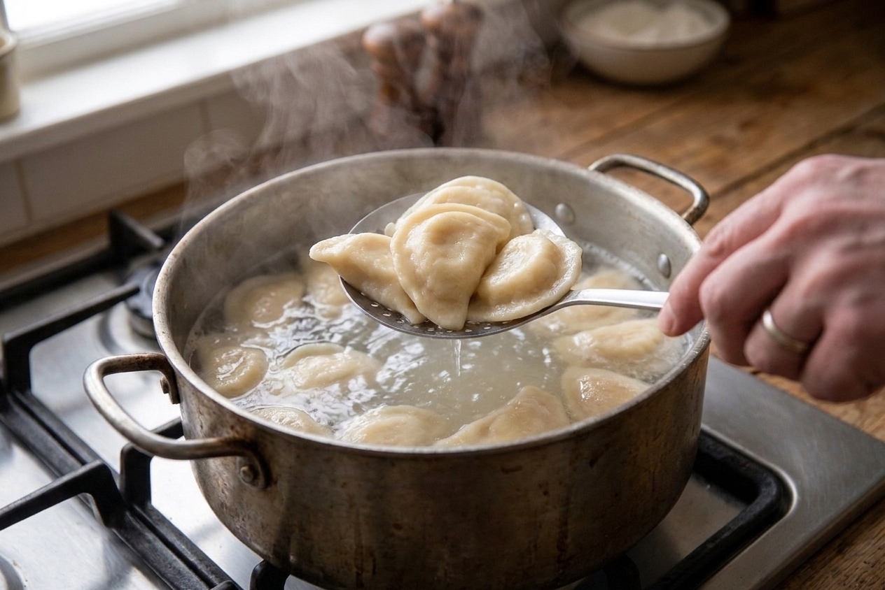 Perogies floating in gently boiling water as a slotted spoon lifts a batch from the pot