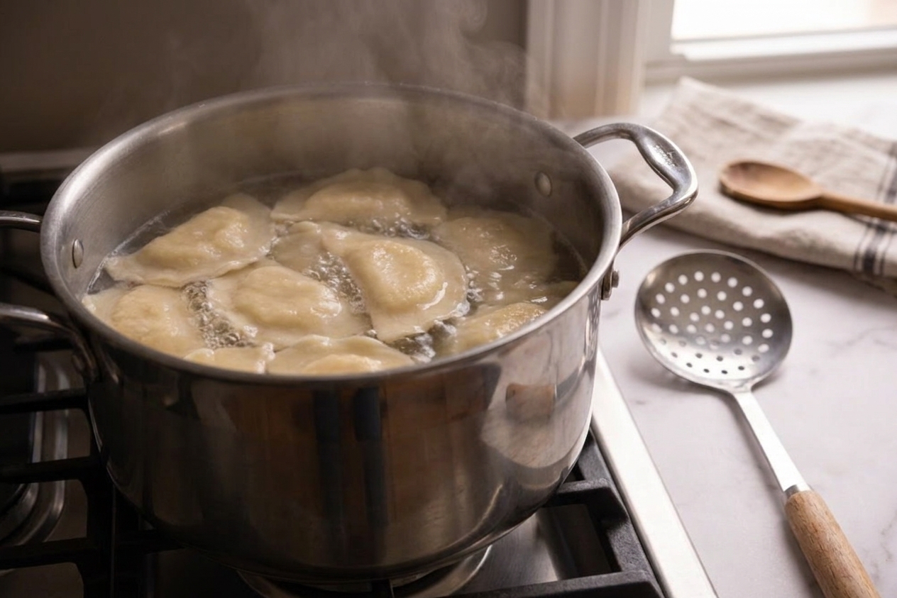 Perogies floating in gently boiling water in a large pot on the stove with a slotted spoon nearby