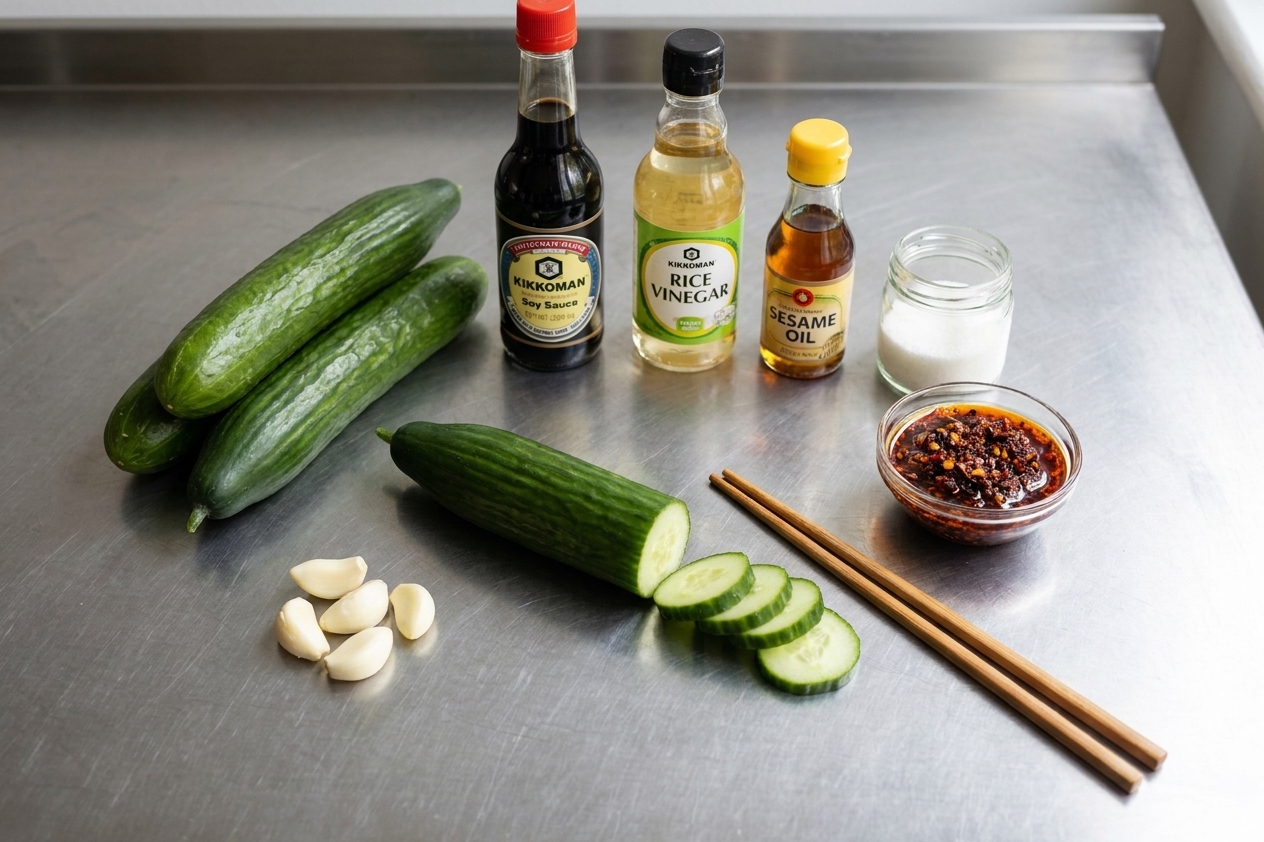 Persian cucumbers, peeled garlic cloves, soy sauce, rice vinegar, sesame oil, sugar, and chili crisp arranged on a clean kitchen counter