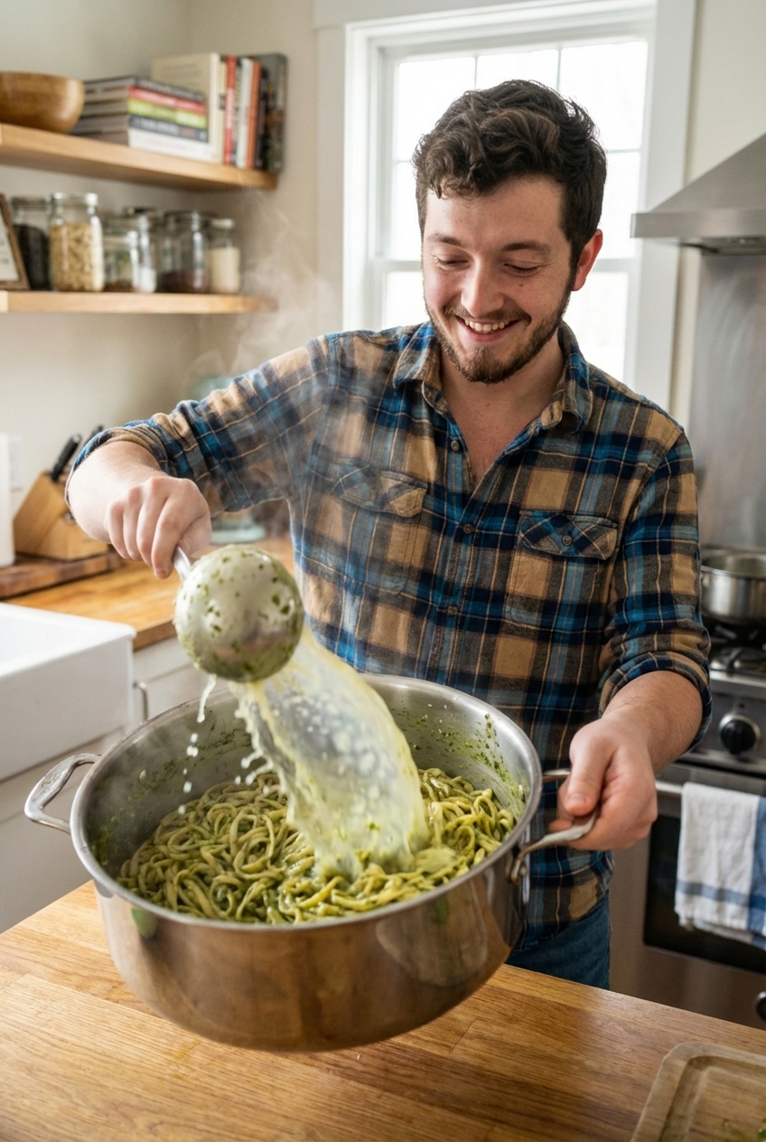 Pesto pasta being tossed in a pot with a splash of starchy pasta water creating a glossy sauce