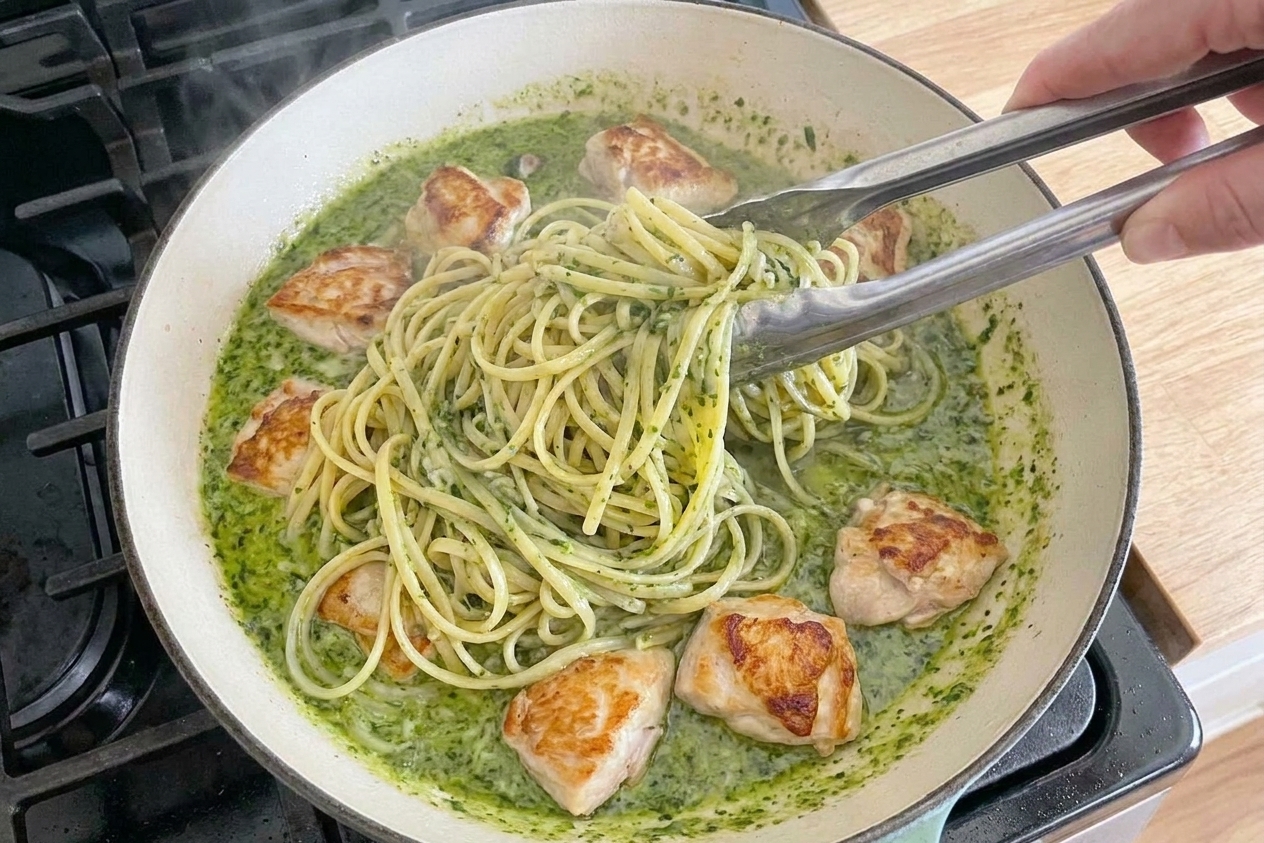 Pesto pasta being tossed in a skillet with tongs, with sliced chicken added back in