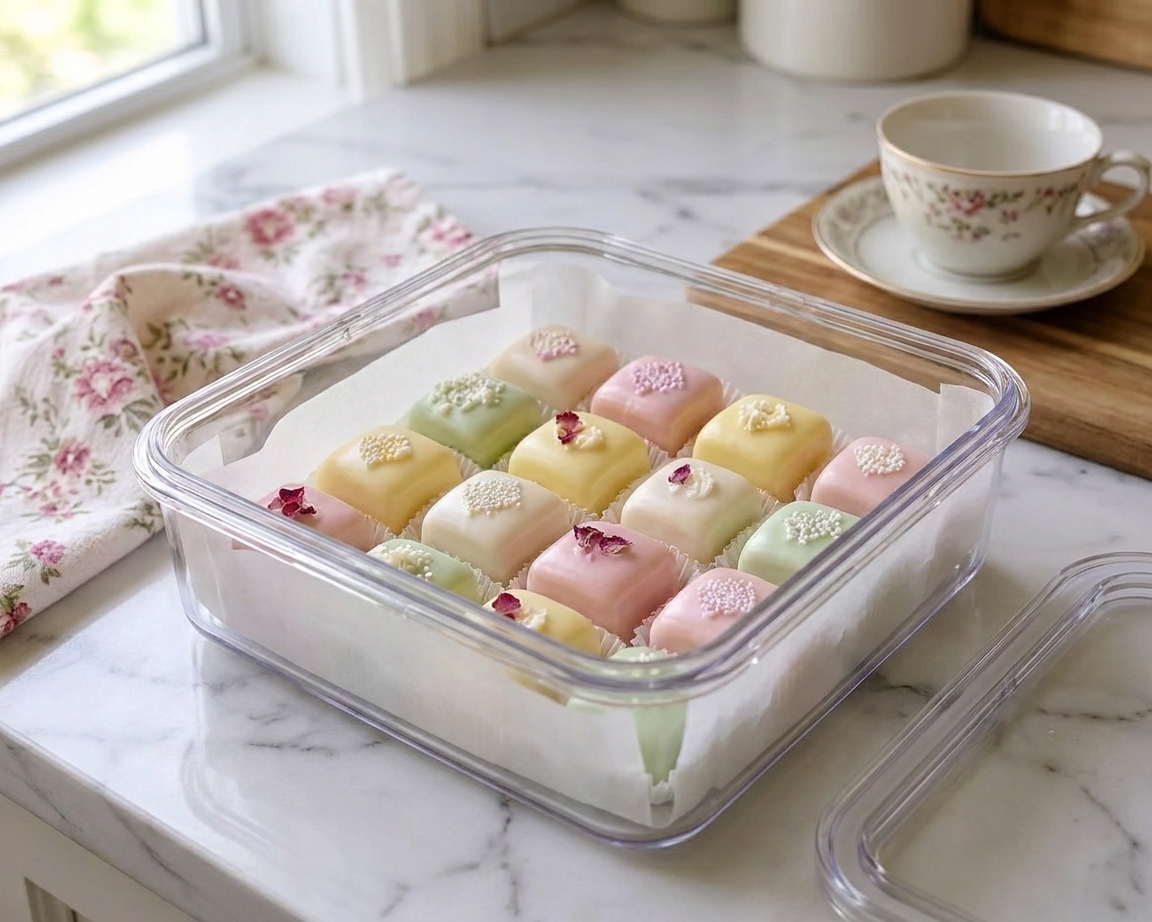 Petit fours arranged in a single layer inside a clear airtight container lined with parchment on a kitchen counter