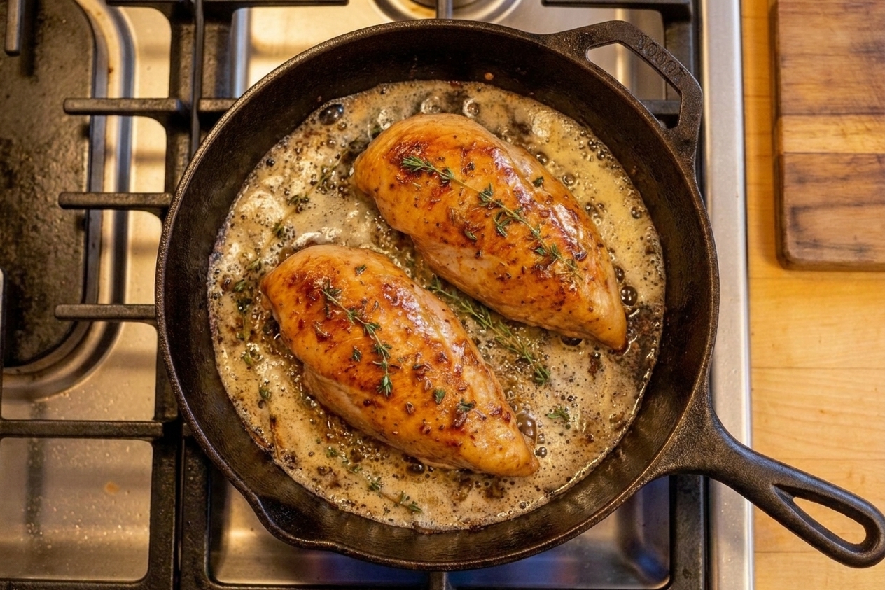 Pheasant breasts browning in a cast iron skillet with foaming butter and thyme, shot from above on a stovetop