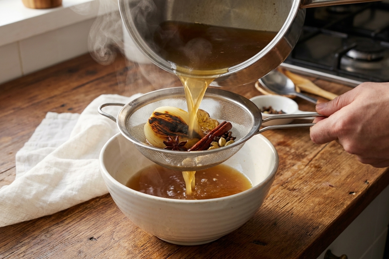 Pho broth being poured through a fine-mesh strainer into a large bowl on a kitchen counter, with spices and aromatics left behind