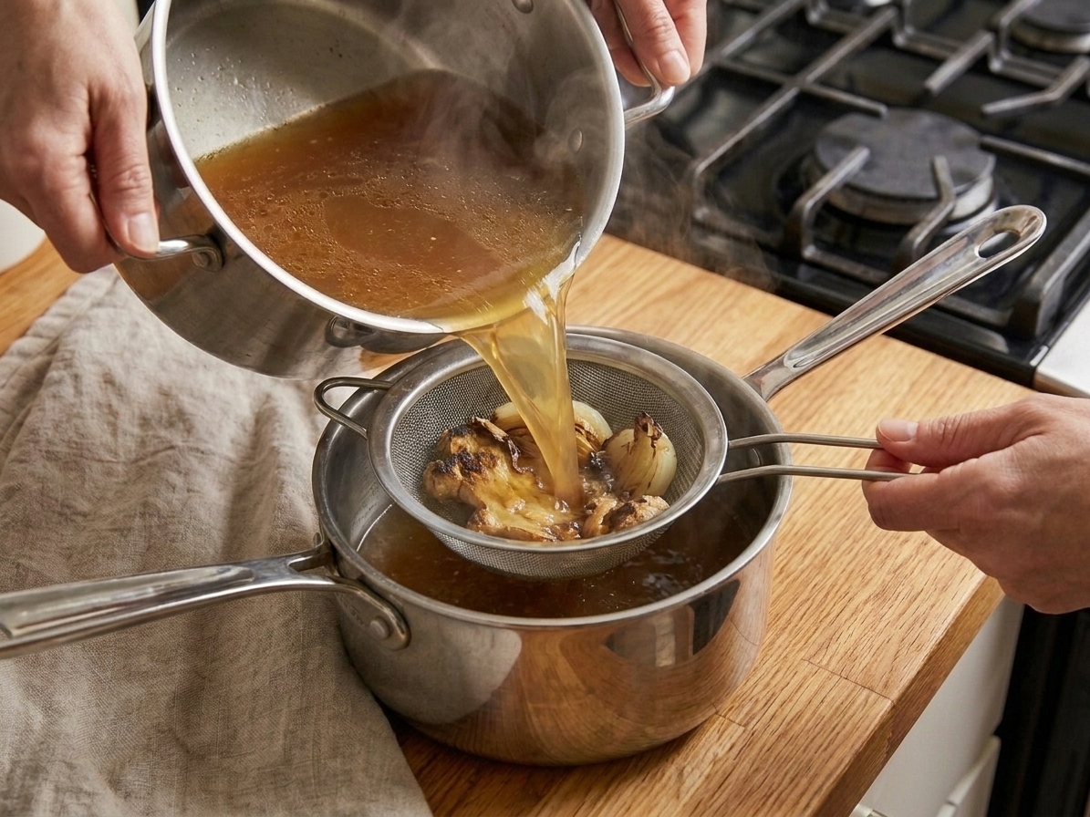 Pho broth being poured through a fine mesh strainer into a clean pot on a kitchen counter