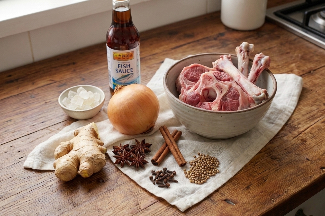 Pho broth ingredients arranged on a kitchen counter including onions, ginger, cinnamon sticks, star anise, cloves, coriander seeds, fish sauce, sugar, and beef or chicken bones