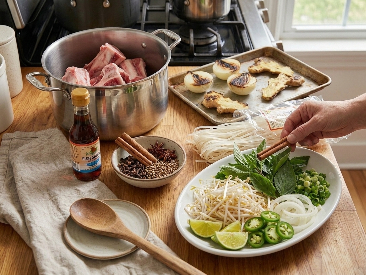 Pho ingredients arranged on a kitchen counter including beef bones, onion, ginger, cinnamon sticks, star anise, cloves, fish sauce, rice noodles, and fresh herbs