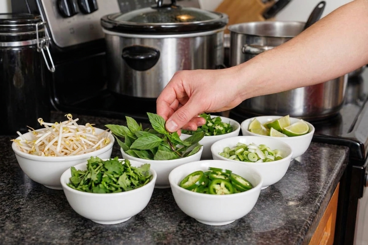 Pho toppings on a kitchen counter including bean sprouts, Thai basil, cilantro, sliced jalapeño, scallions, and lime wedges in small bowls