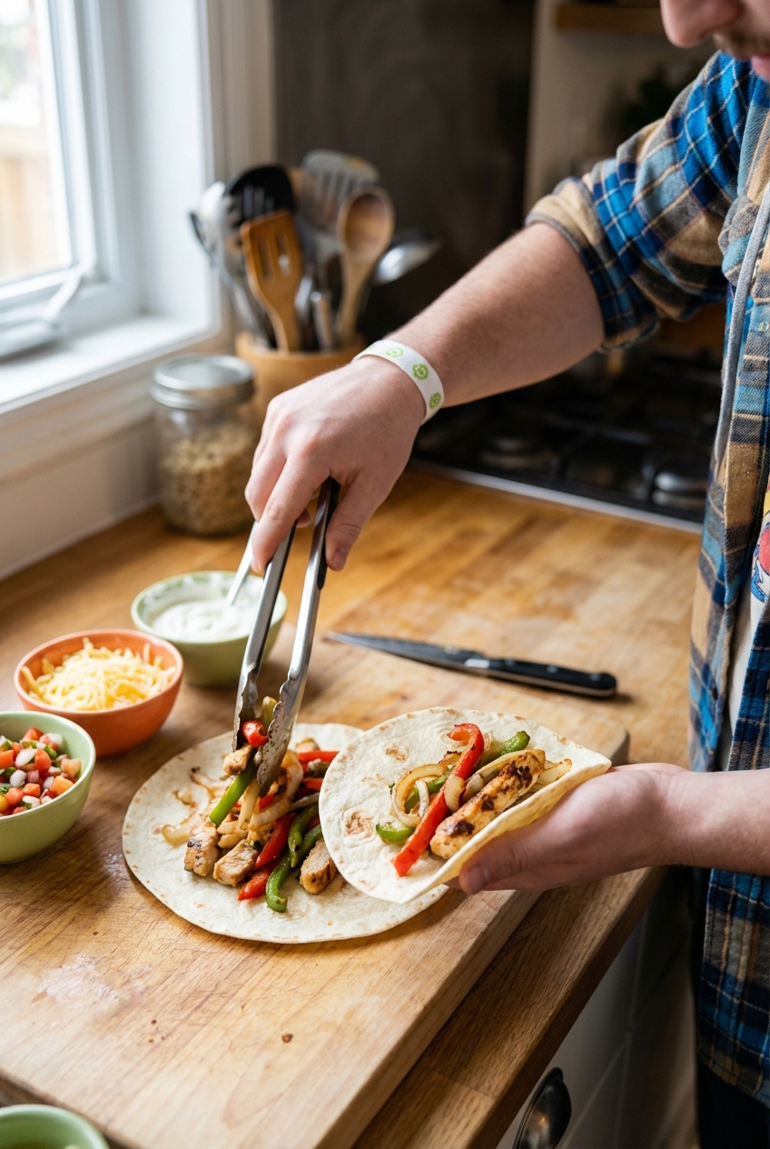 Photo of hands assembling chicken fajitas in warm tortillas with peppers, onions, and toppings