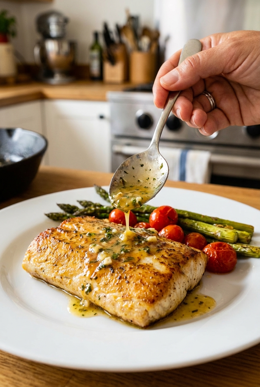 Photo of lemon garlic butter sauce being spooned over pan-seared mahi mahi on a plate