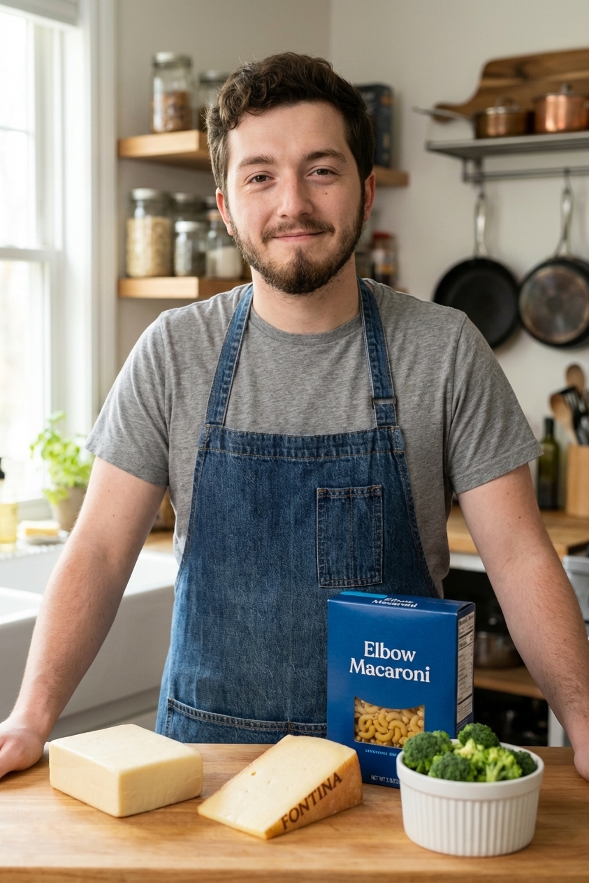 Photorealistic kitchen counter scene with blocks of white cheddar and fontina cheese next to a box of elbow macaroni and a small bowl of broccoli florets, shot in soft natural light