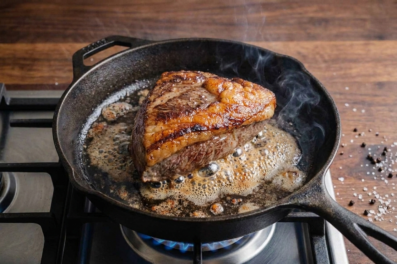 Picanha searing fat-side down in a cast iron skillet as rendered fat bubbles around the edges