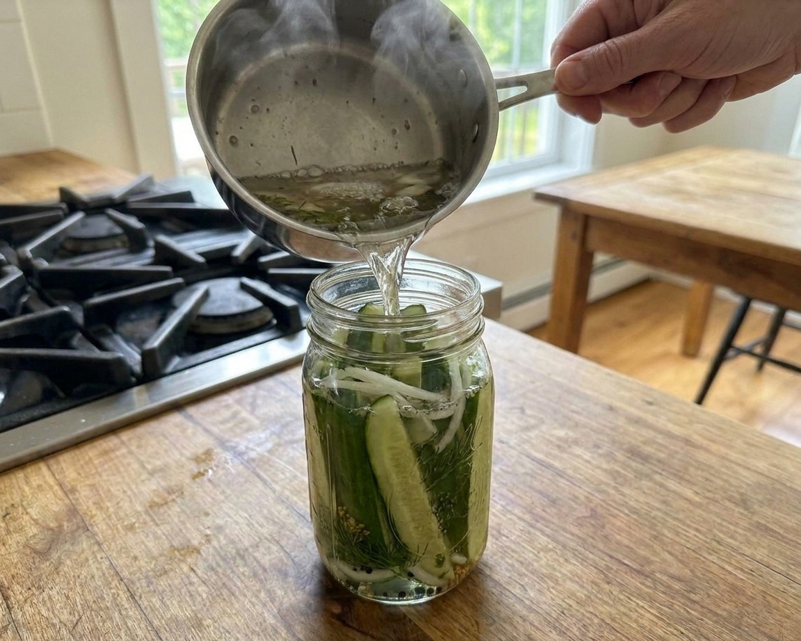 Pickle brine being poured into a glass jar packed with cucumber spears and sliced onion on a kitchen counter
