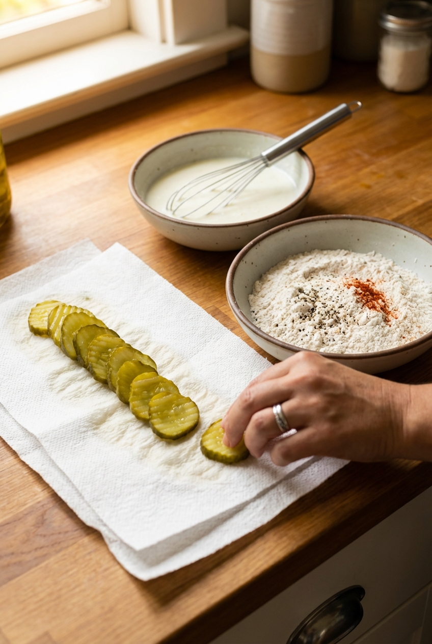 Pickle chips drying on paper towels beside bowls of seasoned flour and buttermilk